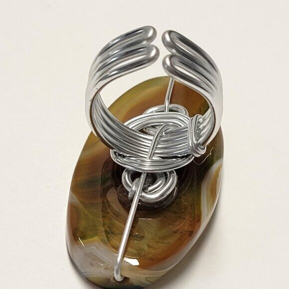 Yellow and Green Agate Ring Adjustable Band Handmade Semi Precious Ring - Picture 9 of 10